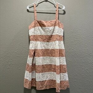 LOFT Ann Taylor Pink White Striped Eyelet Lace Fit Flare Dress Womens 14 Summer